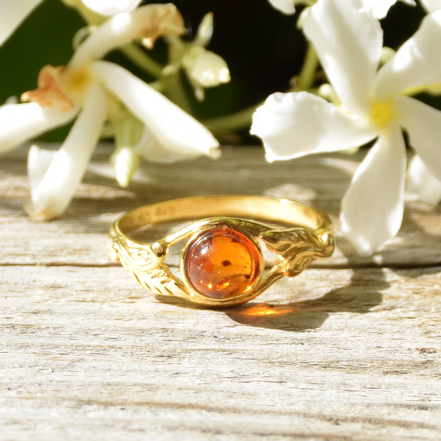Delicate vintage-style band ring featuring natural Cognac Amber and 18k Gold Plated Silver, MJ Baltica, BZP026