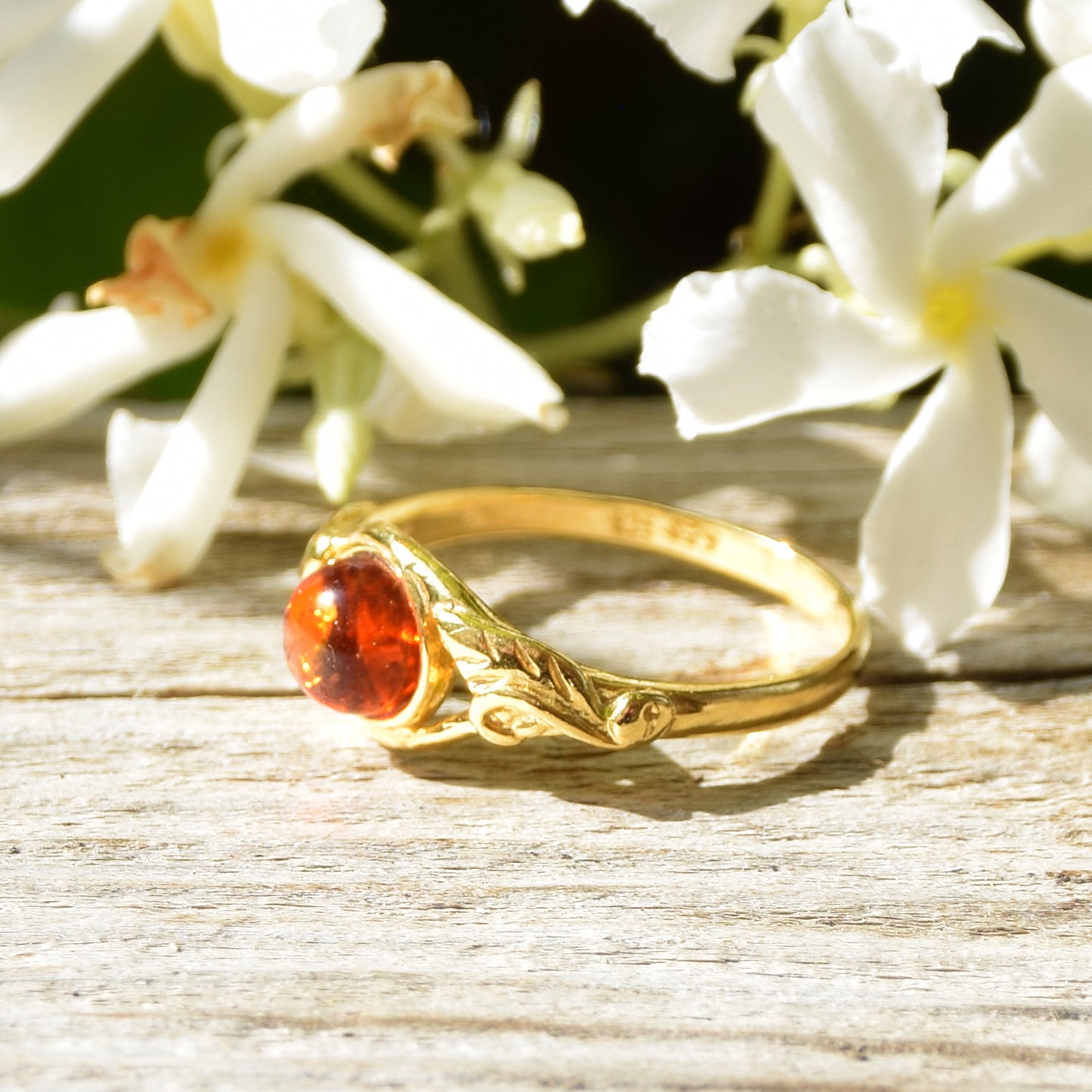 Delicate vintage-style band ring featuring natural Cognac Amber and 18k Gold Plated Silver, MJ Baltica, BZP026