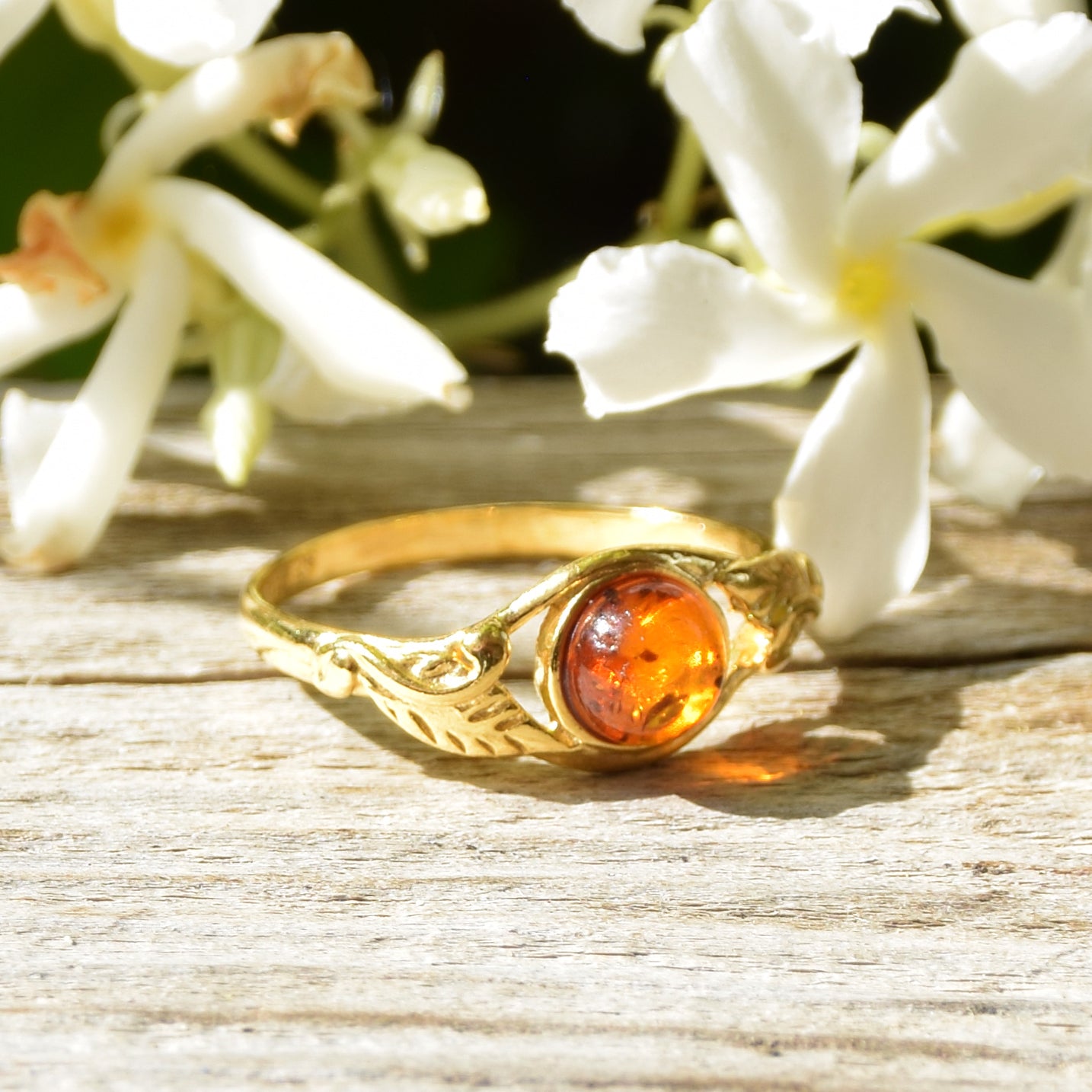Delicate vintage-style band ring featuring natural Cognac Amber and 18k Gold Plated Silver, MJ Baltica, BZP026
