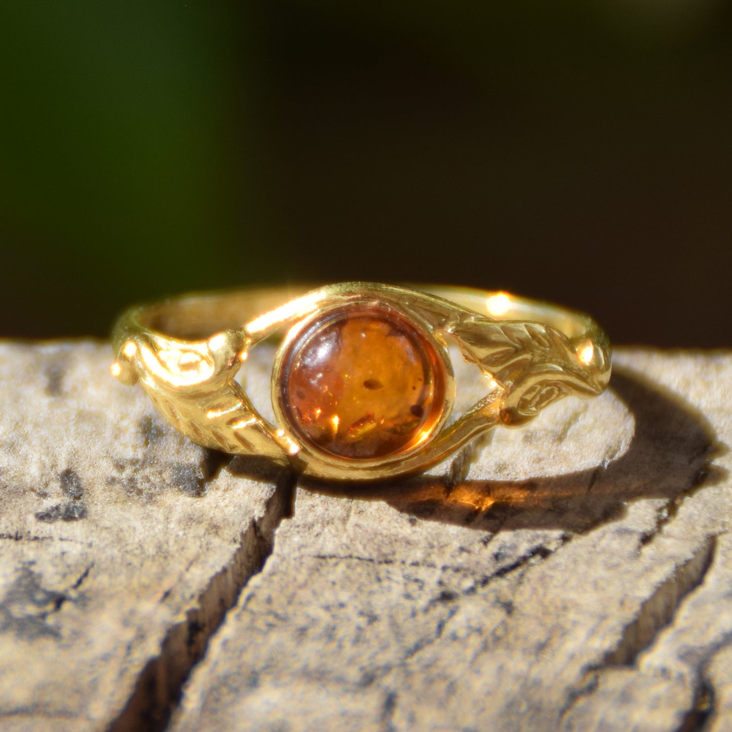 Delicate vintage-style band ring featuring natural Cognac Amber and 18k Gold Plated Silver, MJ Baltica, BZP026