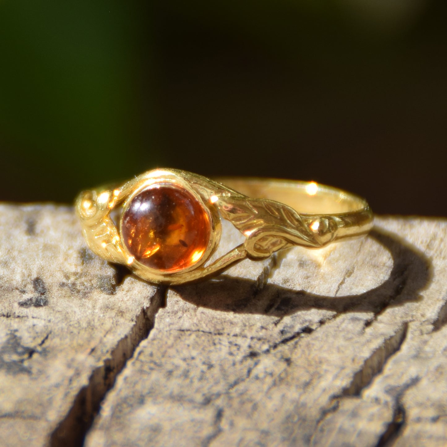 Delicate vintage-style band ring featuring natural Cognac Amber and 18k Gold Plated Silver, MJ Baltica, BZP026