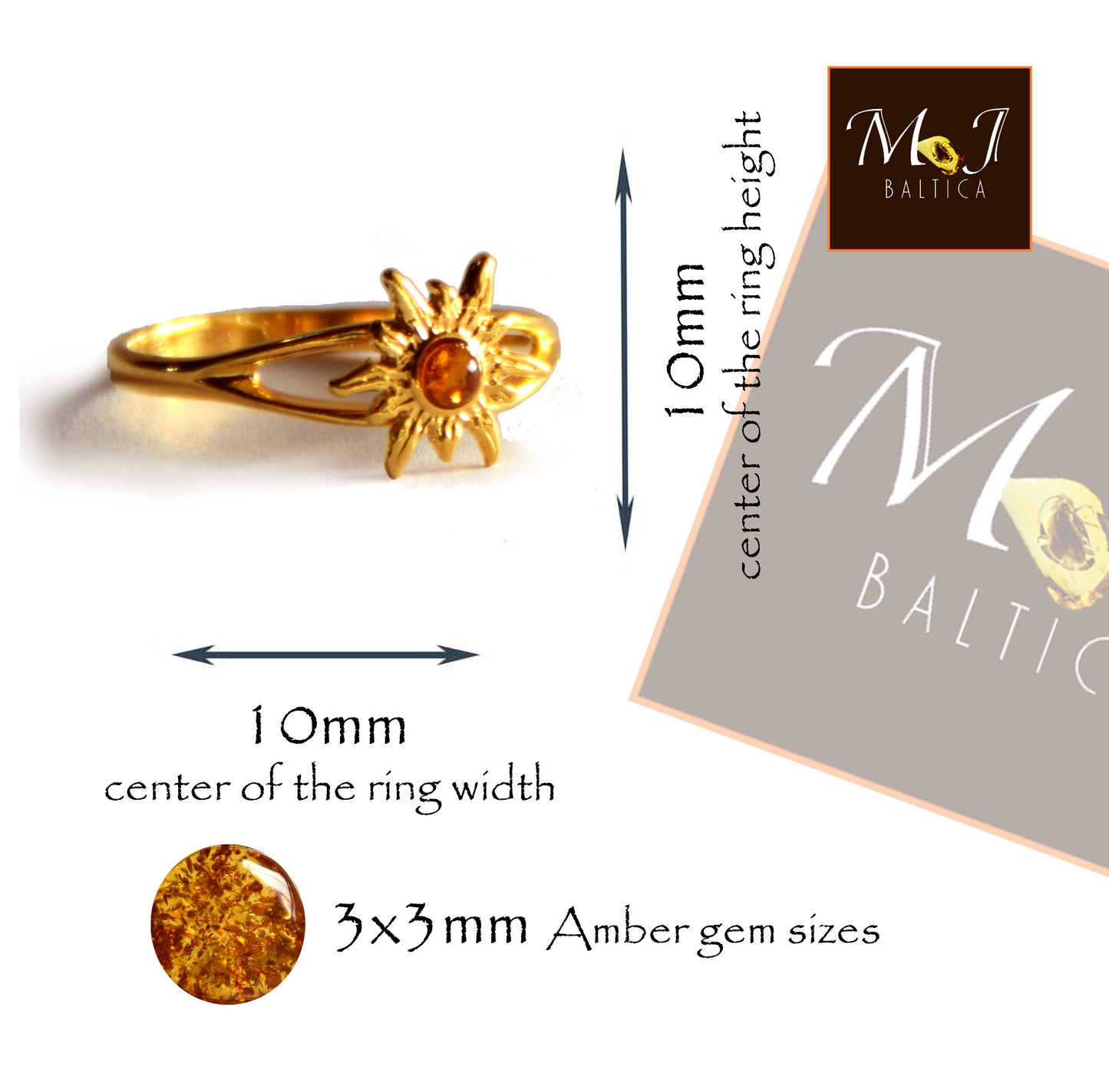 Luminoso anello con sole creato con Ambra cognac naturale e Argento 925 placcato in Oro 18 carati, MJ Baltica,  BZP028