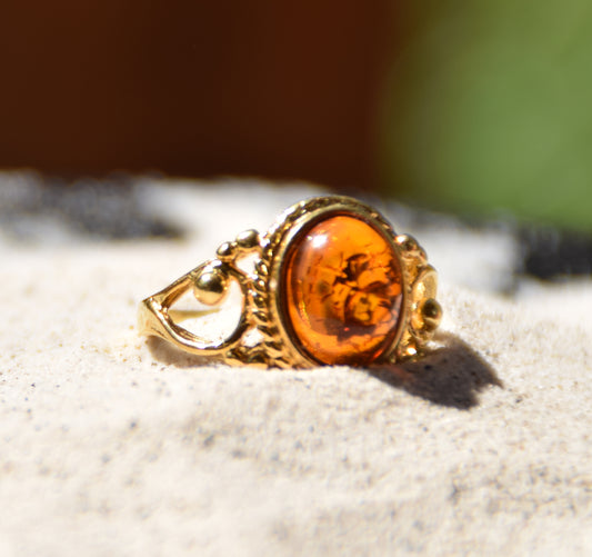 MJ Baltica, anello, Ambra naturale Baltica, Argento 925, placcato in Oro 18k,vintage, artigianale, BZP029