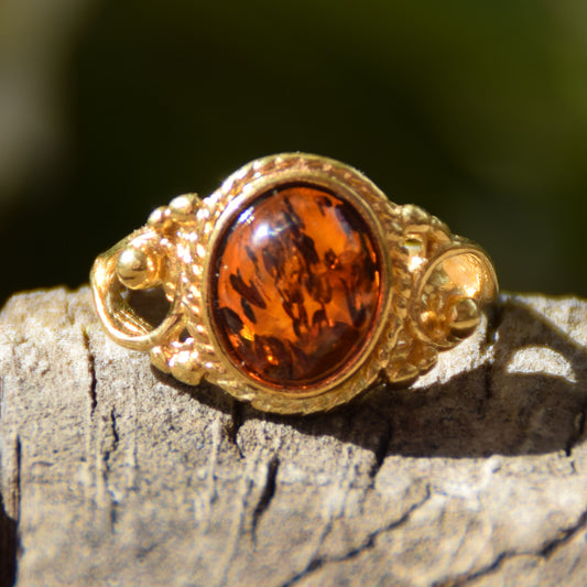 Vintage style band ring made with natural cognac colored Amber and 18k Gold plated Silver, MJ Baltica, BZP029