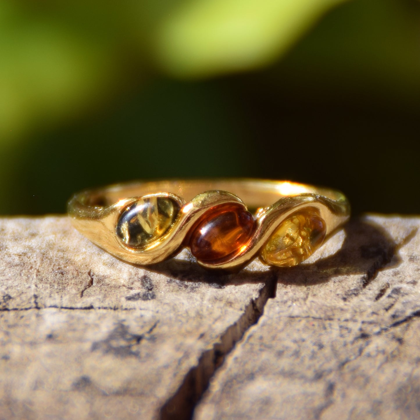 Delicate essential band ring created with natural Amber of various shades and 18k Gold plated Silver, MJ Baltica, BZP031
