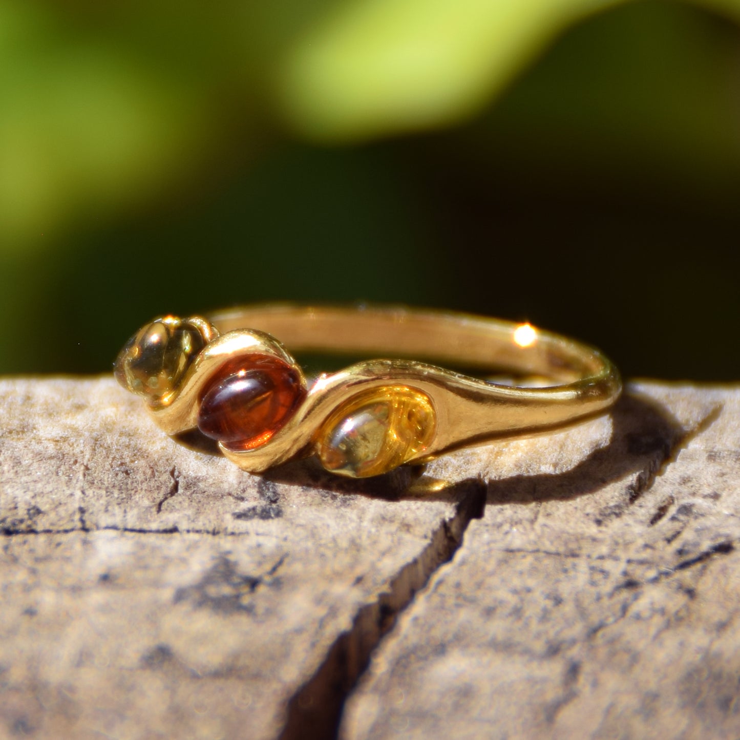 Delicate essential band ring created with natural Amber of various shades and 18k Gold plated Silver, MJ Baltica, BZP031