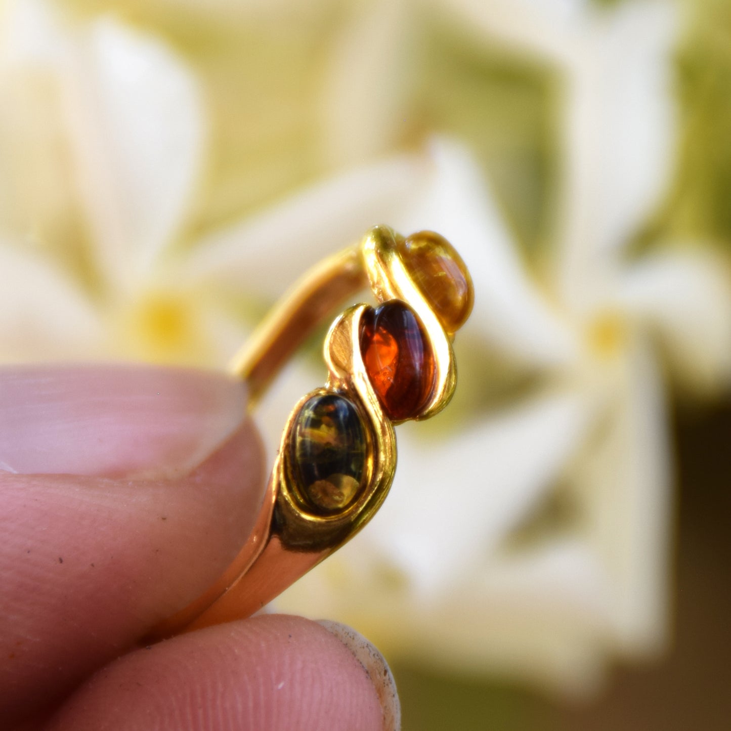 Delicate essential band ring created with natural Amber of various shades and 18k Gold plated Silver, MJ Baltica, BZP031