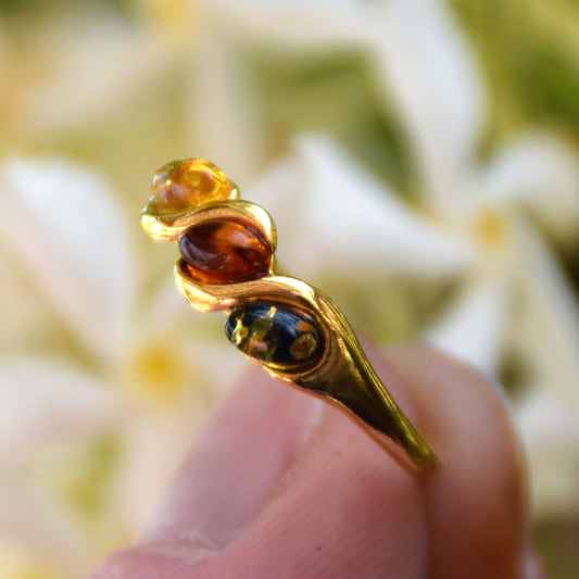 Delicate essential band ring created with natural Amber of various shades and 18k Gold plated Silver, MJ Baltica, BZP031