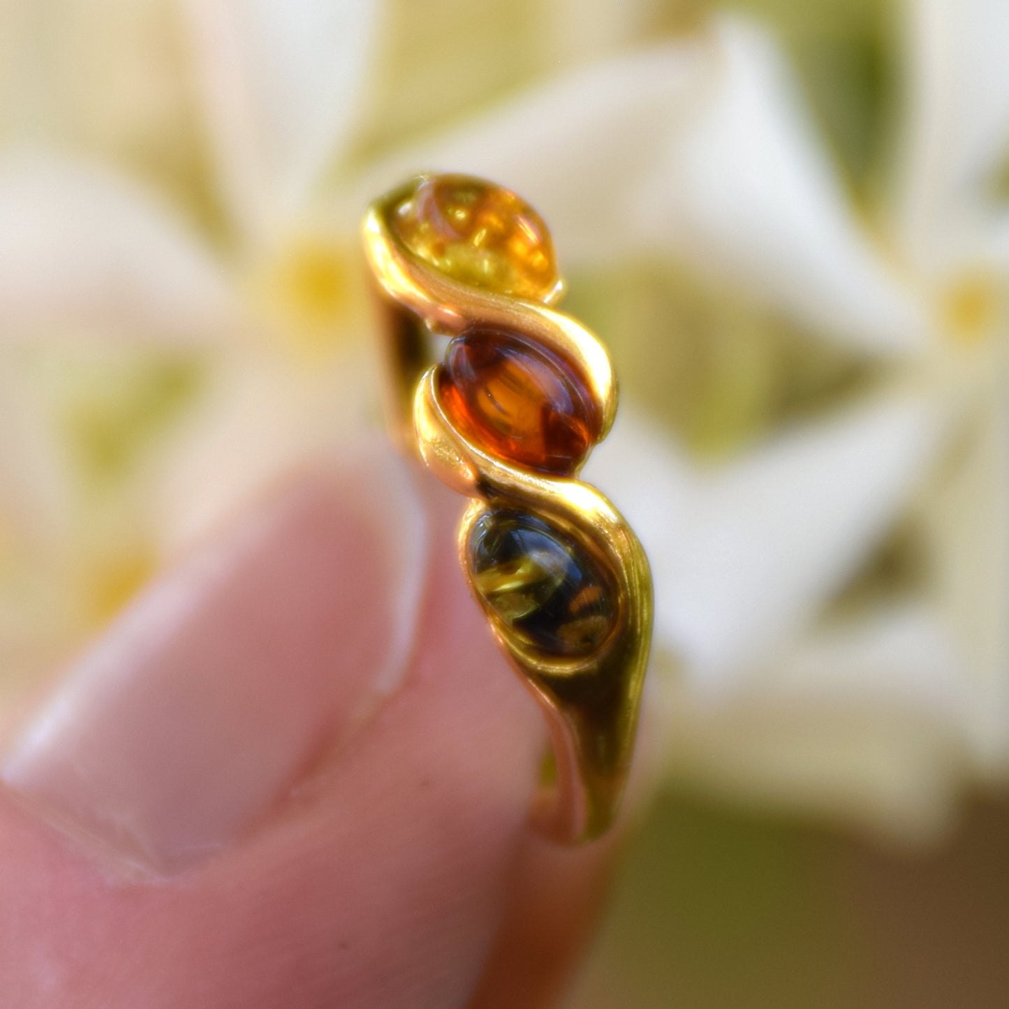 Delicate essential band ring created with natural Amber of various shades and 18k Gold plated Silver, MJ Baltica, BZP031