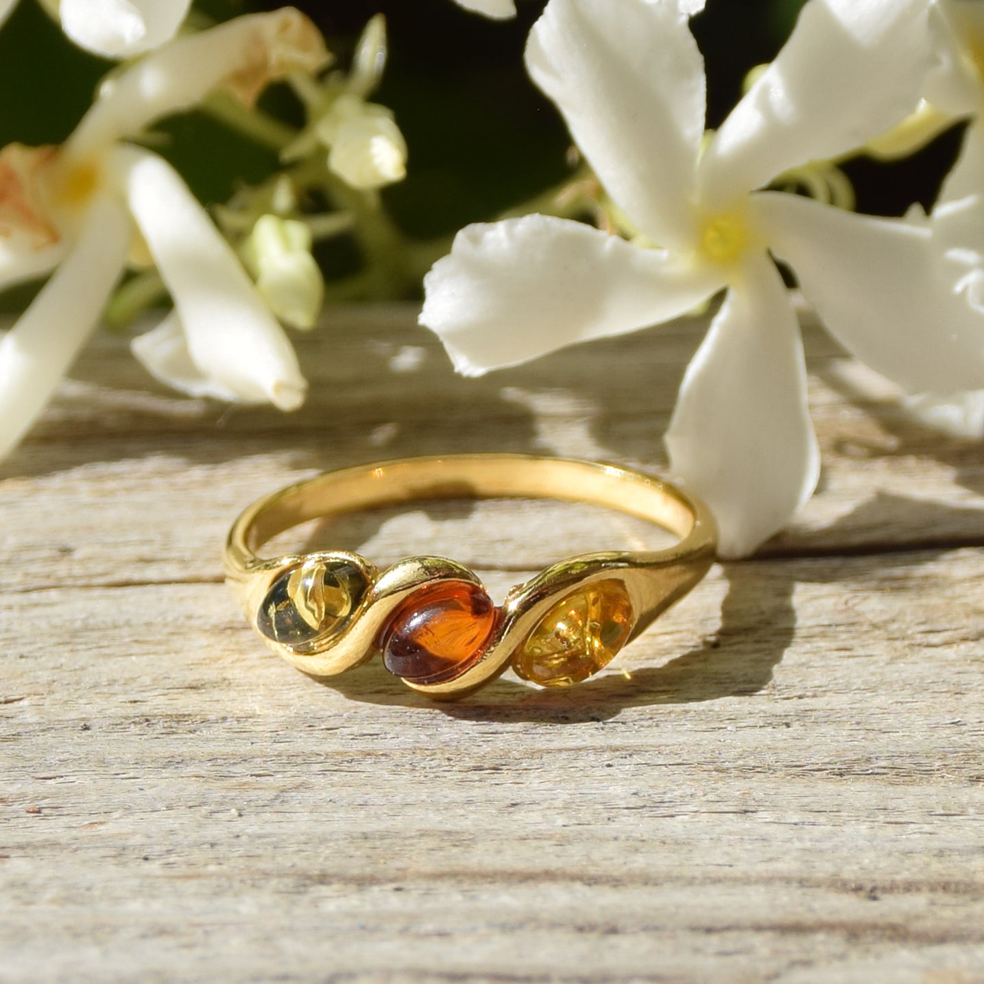 Delicate essential band ring created with natural Amber of various shades and 18k Gold plated Silver, MJ Baltica, BZP031