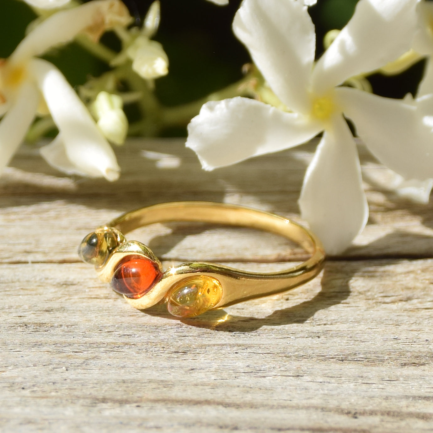 Delicate essential band ring created with natural Amber of various shades and 18k Gold plated Silver, MJ Baltica, BZP031