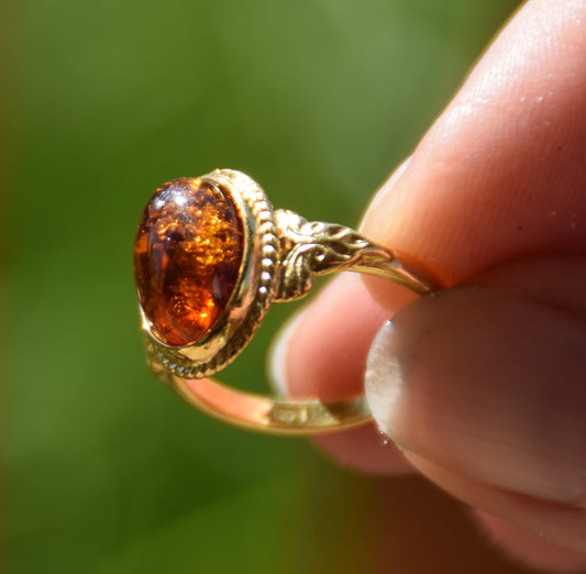 MJ Baltica, anello, Ambra naturale Baltica, Argento 925, placcato in Oro 18k, artigianale, vintage, BZP034