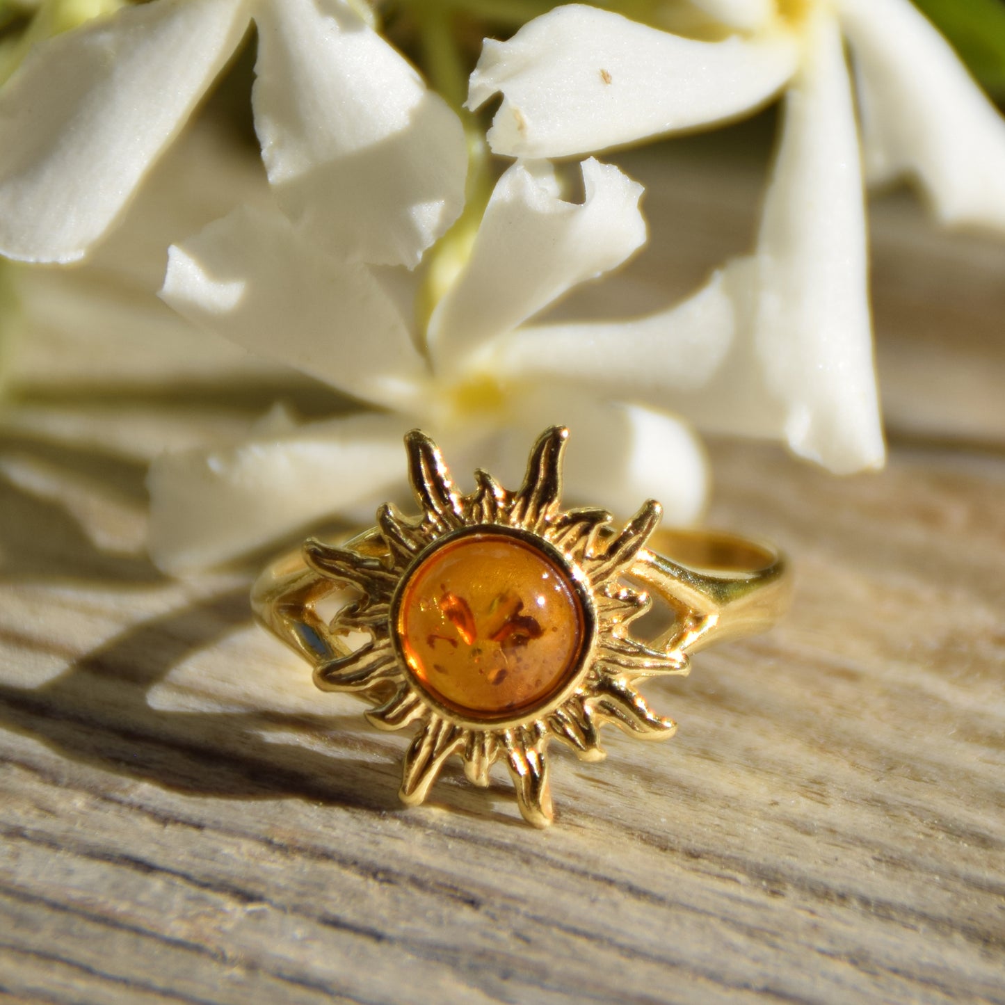 Luminous ring with sun created with natural Cognac Amber and 18k Gold plated 925 Silver, MJ Baltica, BZP042