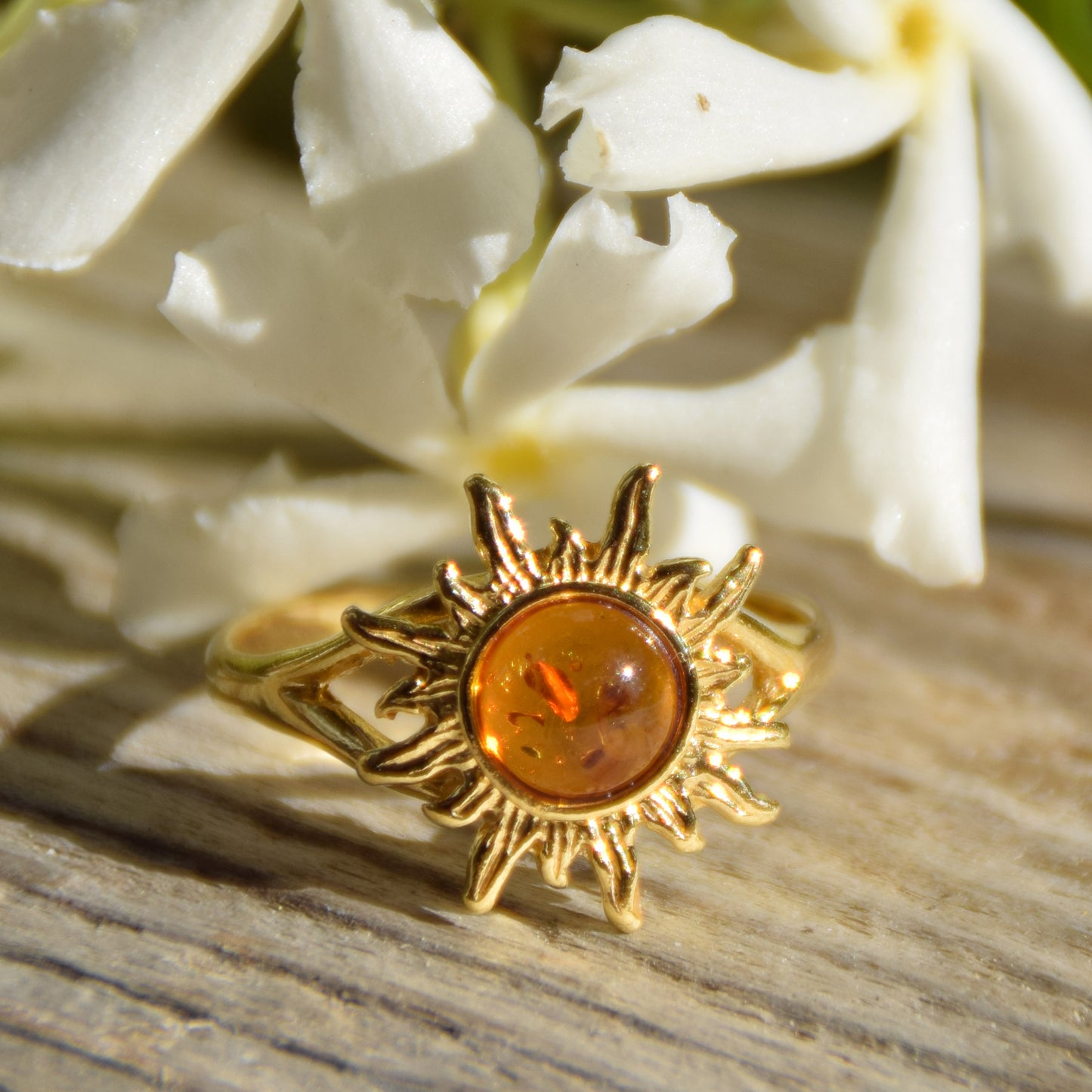 Luminous ring with sun created with natural Cognac Amber and 18k Gold plated 925 Silver, MJ Baltica, BZP042