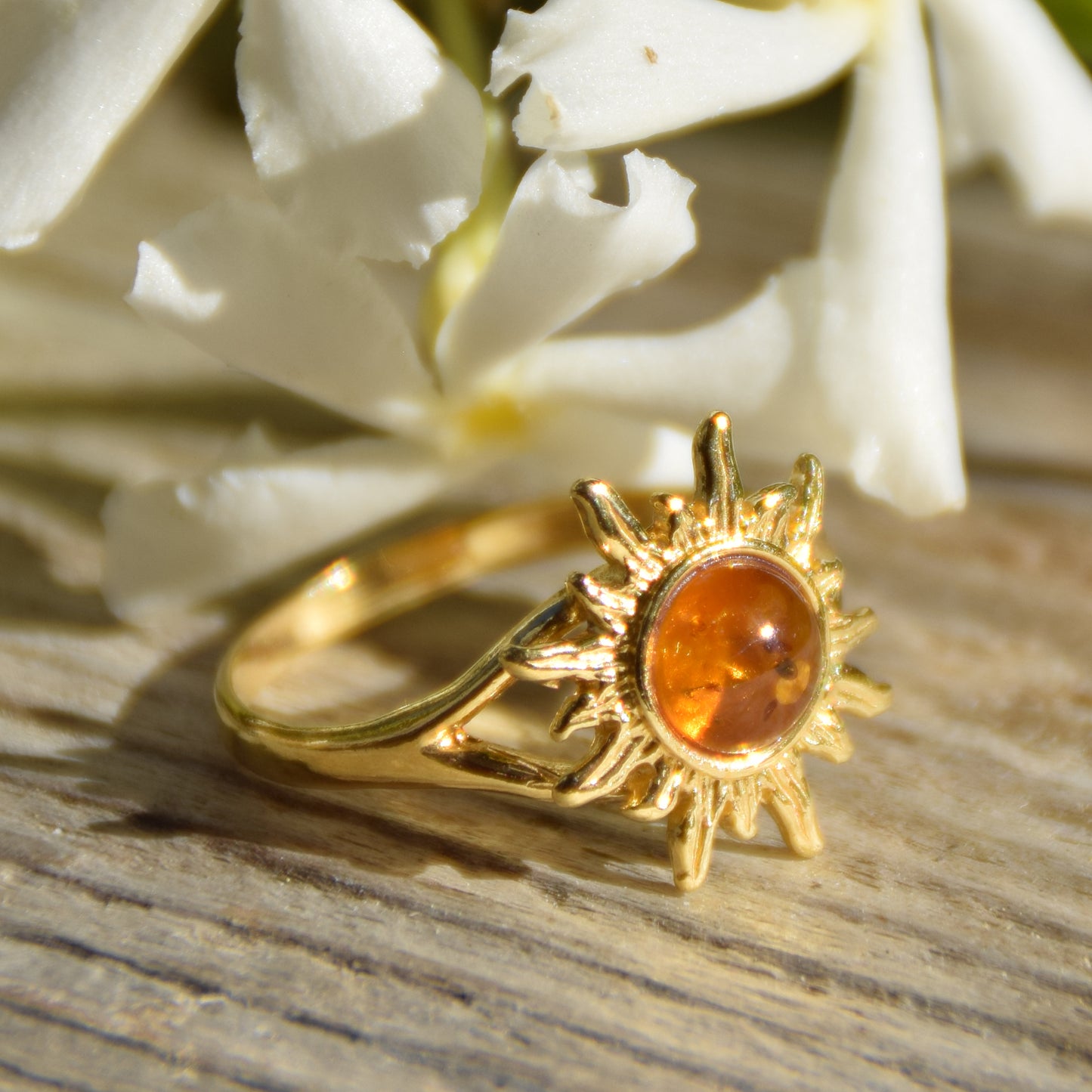 Luminous ring with sun created with natural Cognac Amber and 18k Gold plated 925 Silver, MJ Baltica, BZP042