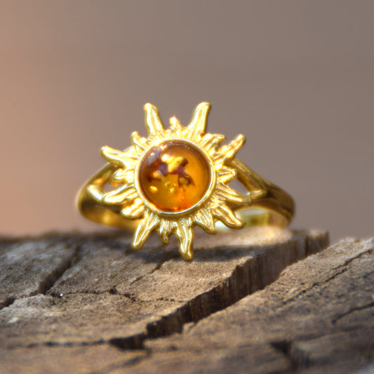 Luminous ring with sun created with natural Cognac Amber and 18k Gold plated 925 Silver, MJ Baltica, BZP042