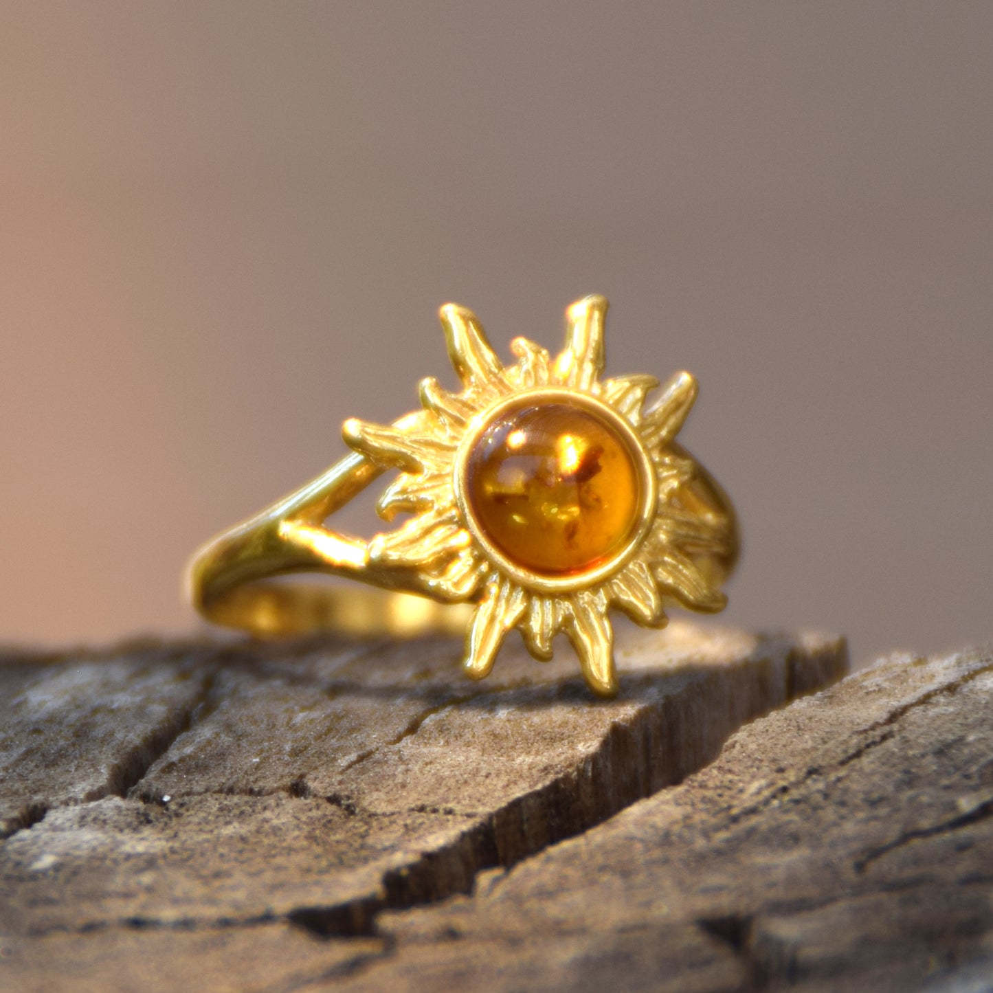 Luminous ring with sun created with natural Cognac Amber and 18k Gold plated 925 Silver, MJ Baltica, BZP042