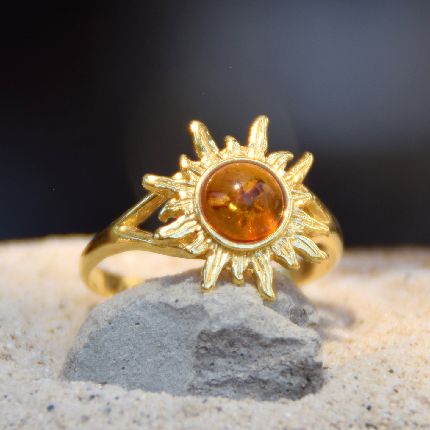 Luminous ring with sun created with natural Cognac Amber and 18k Gold plated 925 Silver, MJ Baltica, BZP042