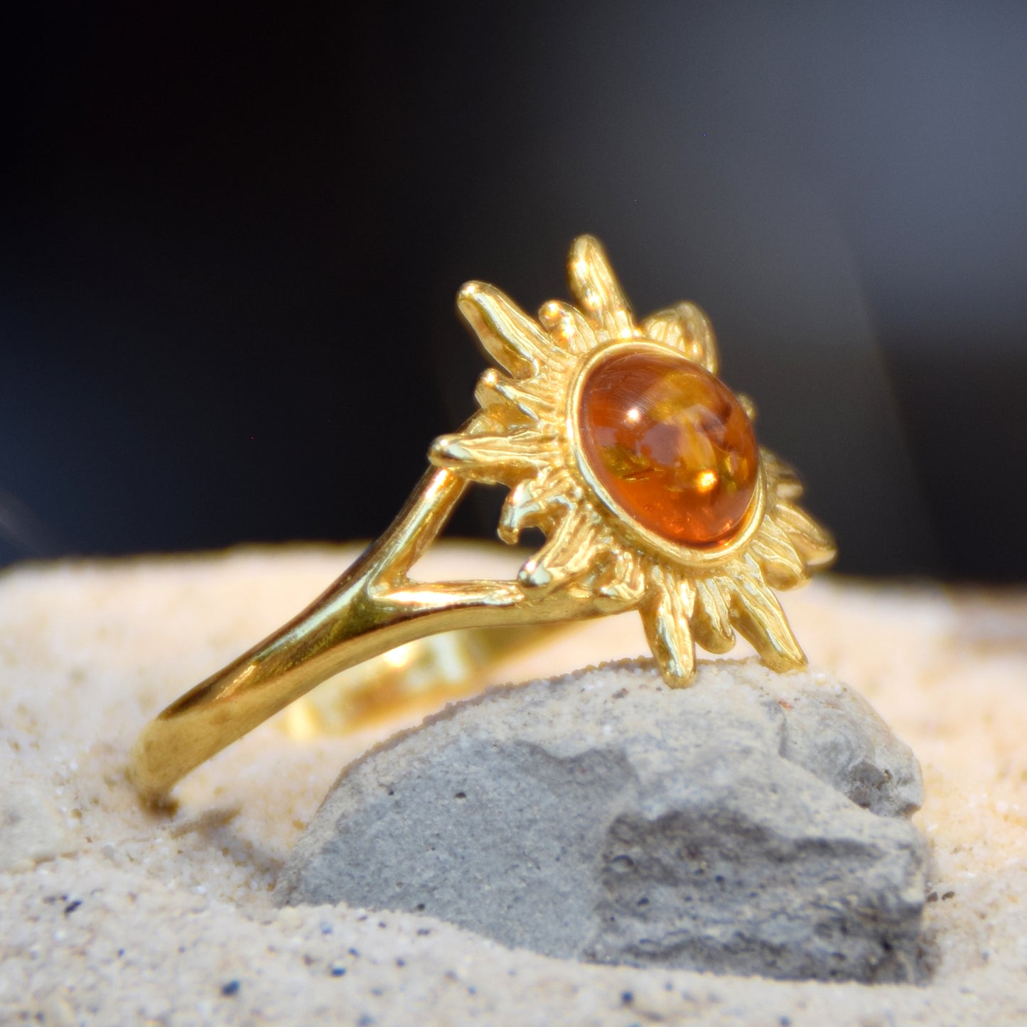 Luminous ring with sun created with natural Cognac Amber and 18k Gold plated 925 Silver, MJ Baltica, BZP042