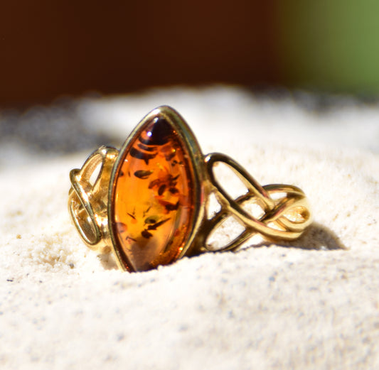 MJ Baltica, anello, Ambra naturale Baltica, Argento 925, placcato in Oro 18k, artigianale, BZP044