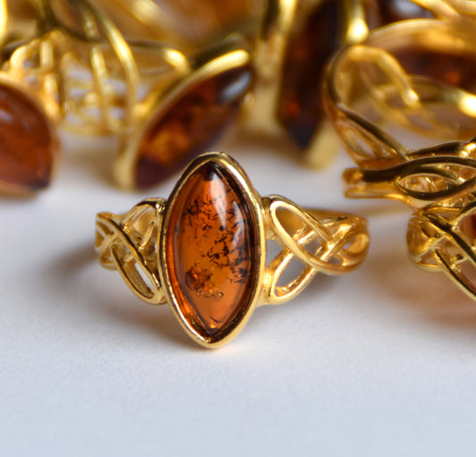 MJ Baltica, ring, natural Baltic Amber, 925 Silver, 14k Gold plated, handcrafted, BZP044