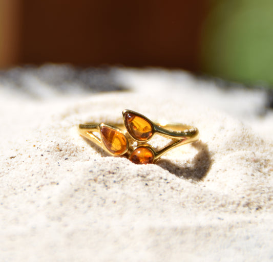 MJ Baltica, anello, Ambra naturale Baltica, Argento 925, placcato in Oro 18k, artigianale, foglie, BZP045