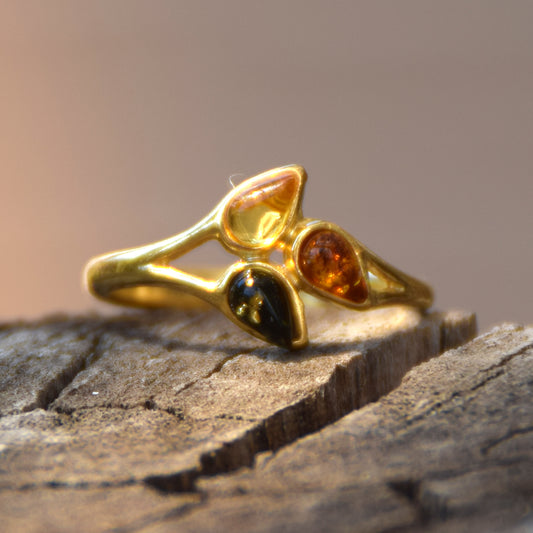 Delicate luminous floral-style ring created with natural Amber of various shades and 18k Gold plated Silver, MJ Baltica, BZP046