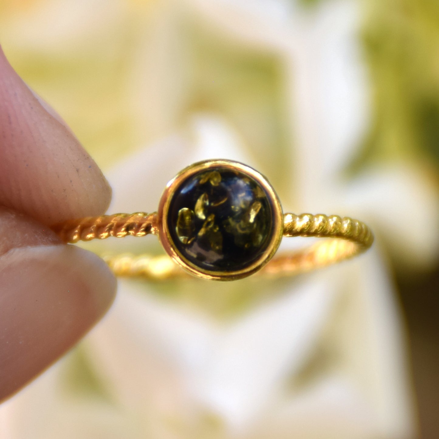 Delicate solitaire ring made of natural green Amber and 18k Gold plated Silver, MJ Baltica, BZP050