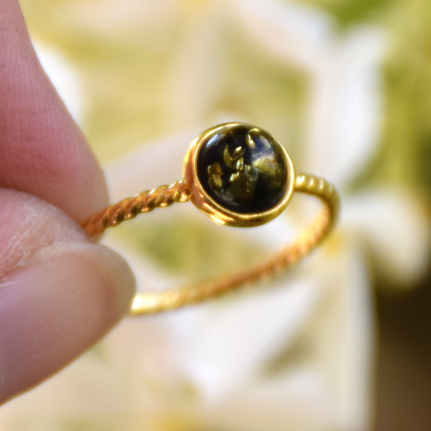 Delicate solitaire ring made of natural green Amber and 18k Gold plated Silver, MJ Baltica, BZP050