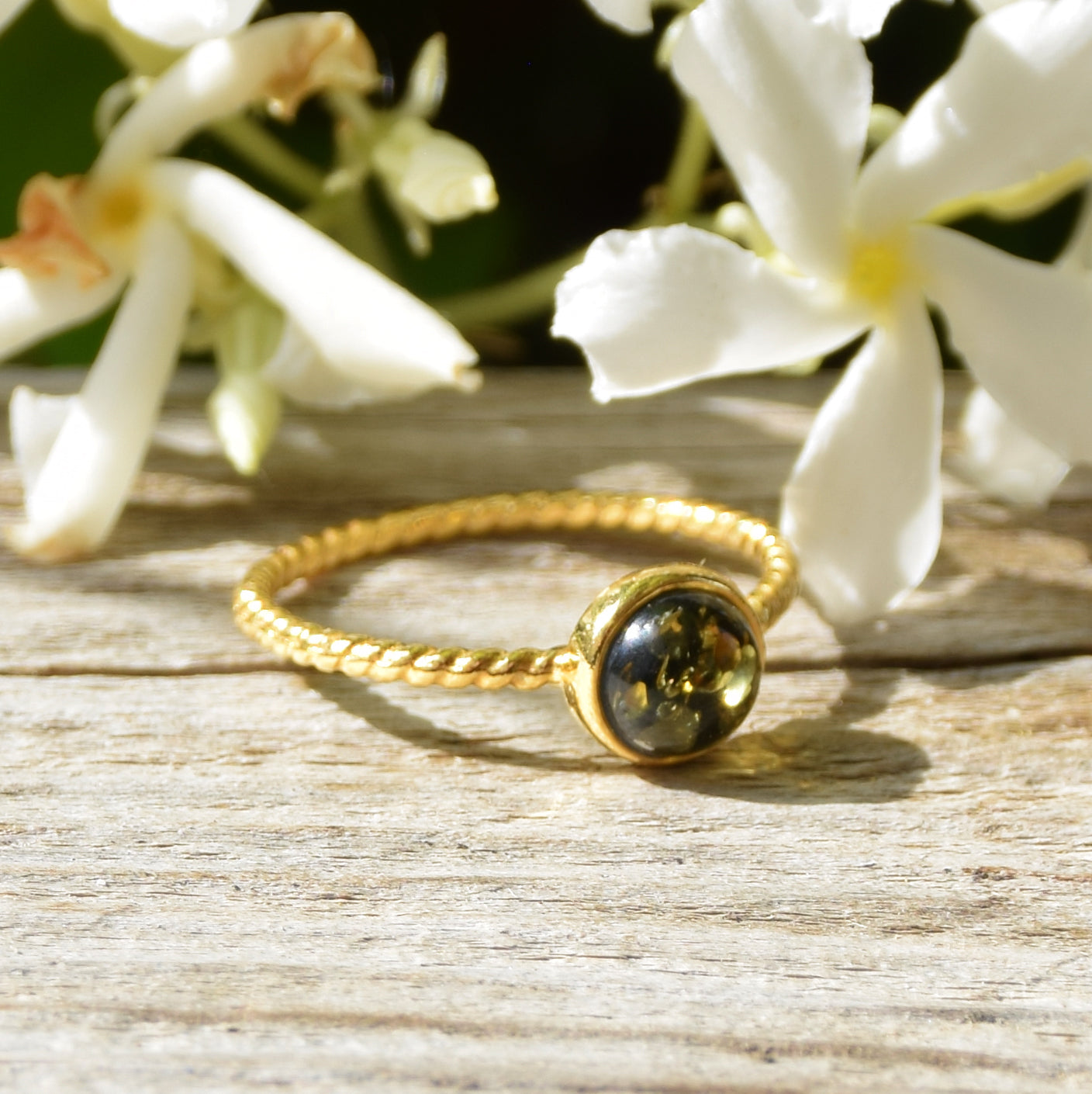 Delicate solitaire ring made of natural green Amber and 18k Gold plated Silver, MJ Baltica, BZP050