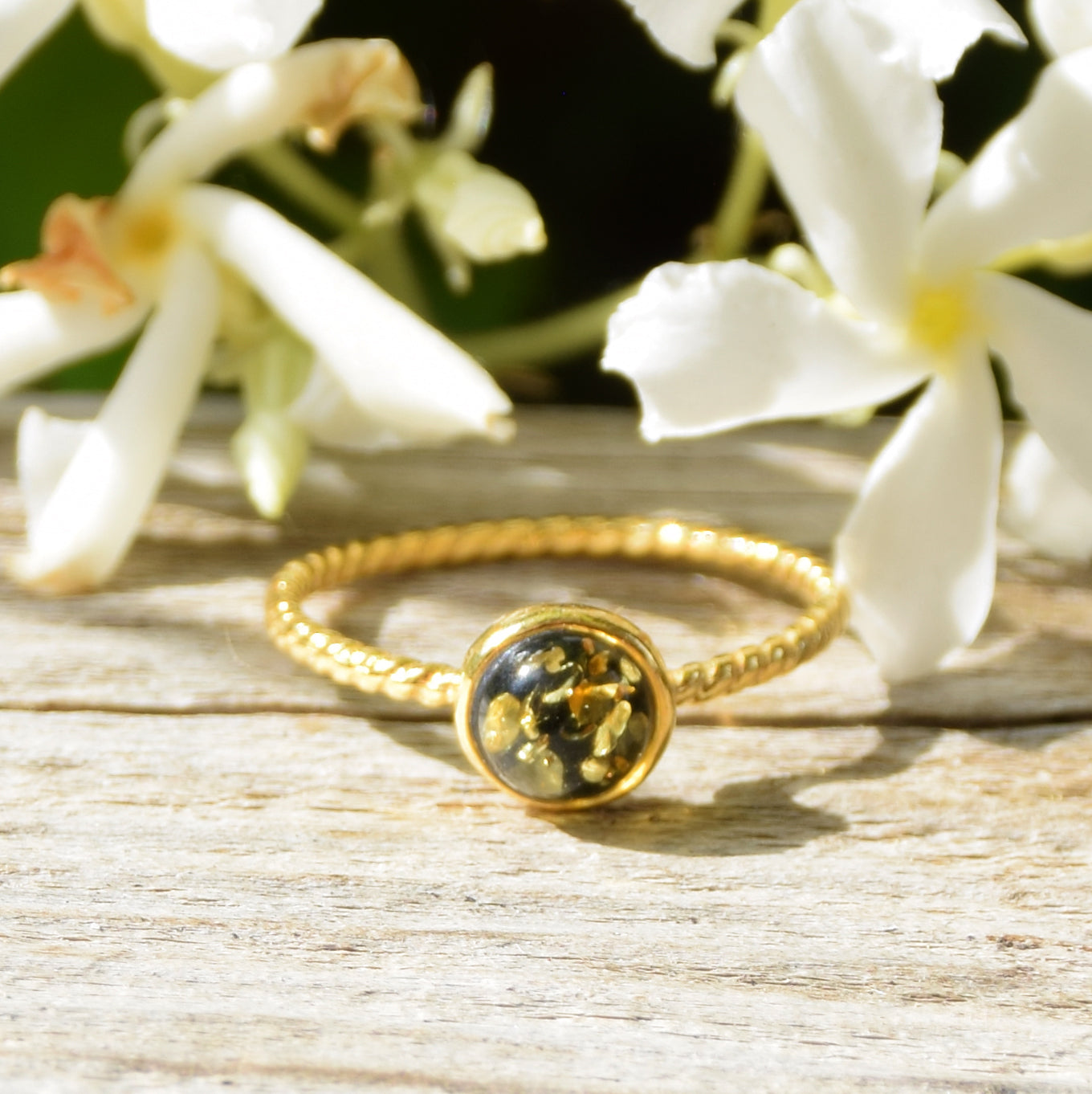 Delicate solitaire ring made of natural green Amber and 18k Gold plated Silver, MJ Baltica, BZP050