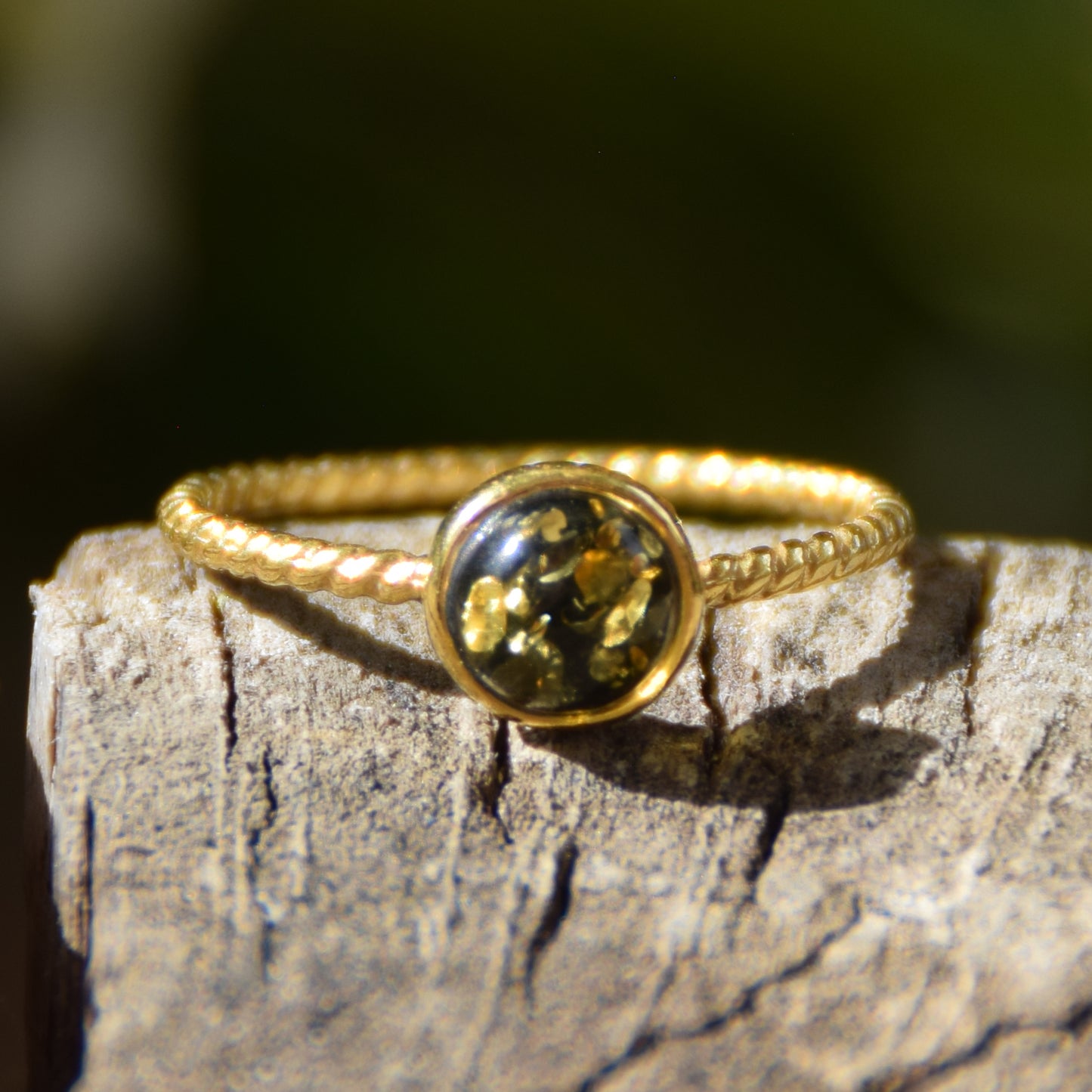 Delicate solitaire ring made of natural green Amber and 18k Gold plated Silver, MJ Baltica, BZP050