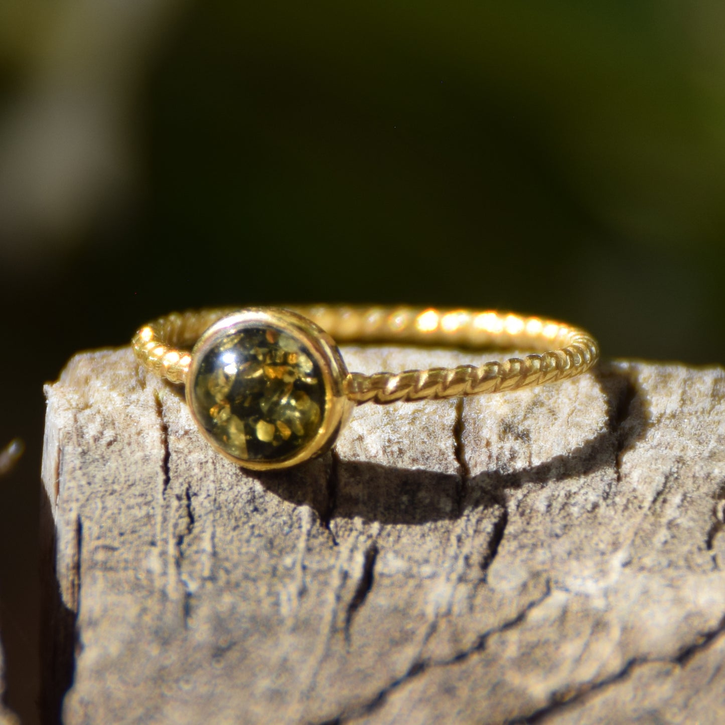 Delicate solitaire ring made of natural green Amber and 18k Gold plated Silver, MJ Baltica, BZP050
