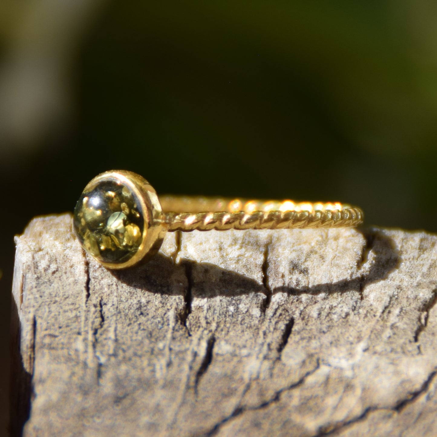 Delicate solitaire ring made of natural green Amber and 18k Gold plated Silver, MJ Baltica, BZP050