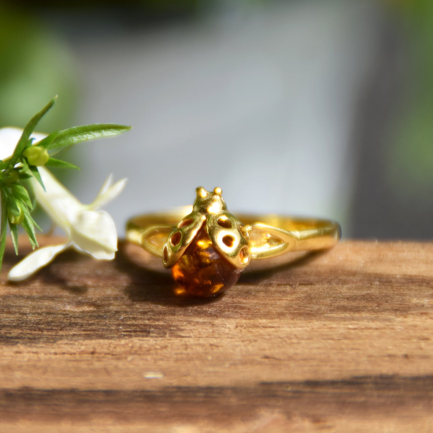 Delicato anello con la coccinella portafortuna creato in Ambra naturale color cognac e Argento placcato in Oro 18k, MJ Baltica, BZP060