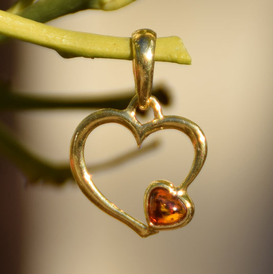MJ Baltica, Ciondolo, Ambra naturale Baltica, Argento 925, placcato in Oro 18k, cuore grande e piccolo, due cuori, BZW001