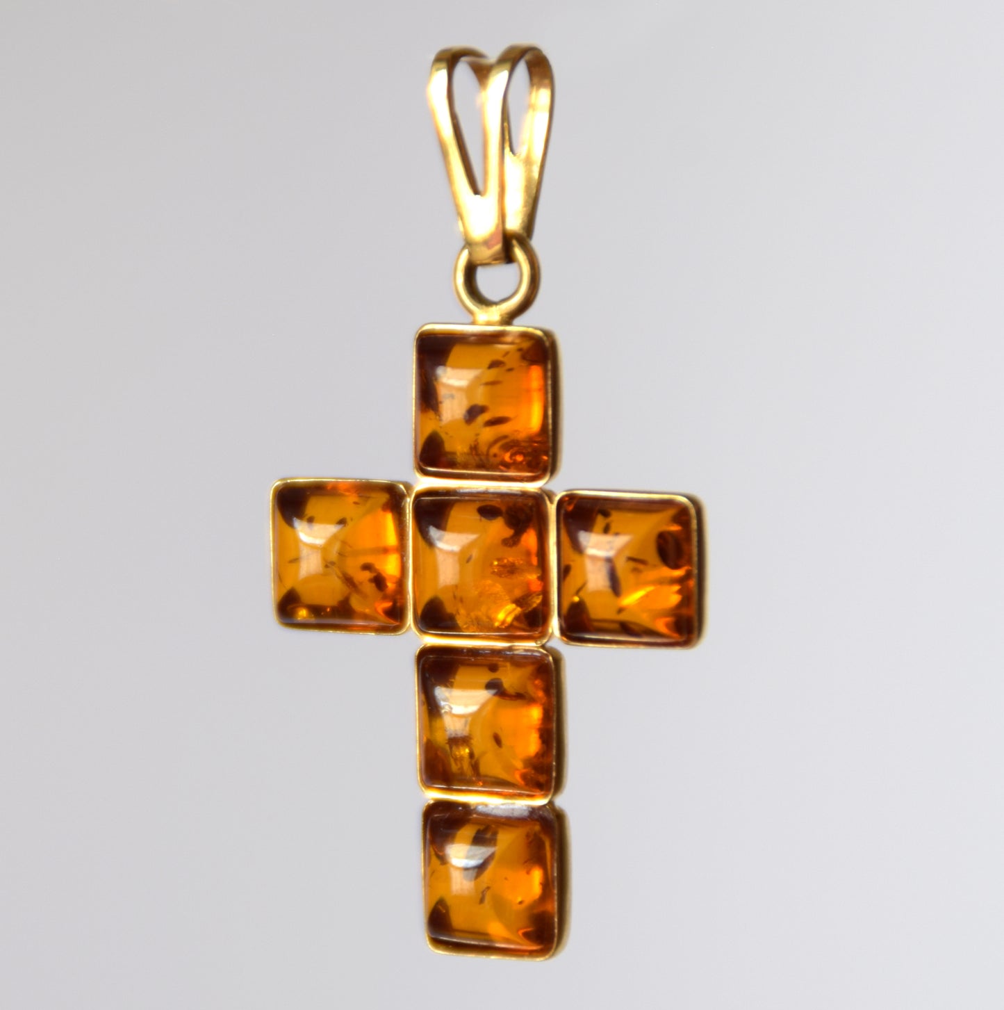 MJ Baltica, Pendant, natural Baltic Amber, Silver, 14k Gold plated, Cross, cognac, BZW002