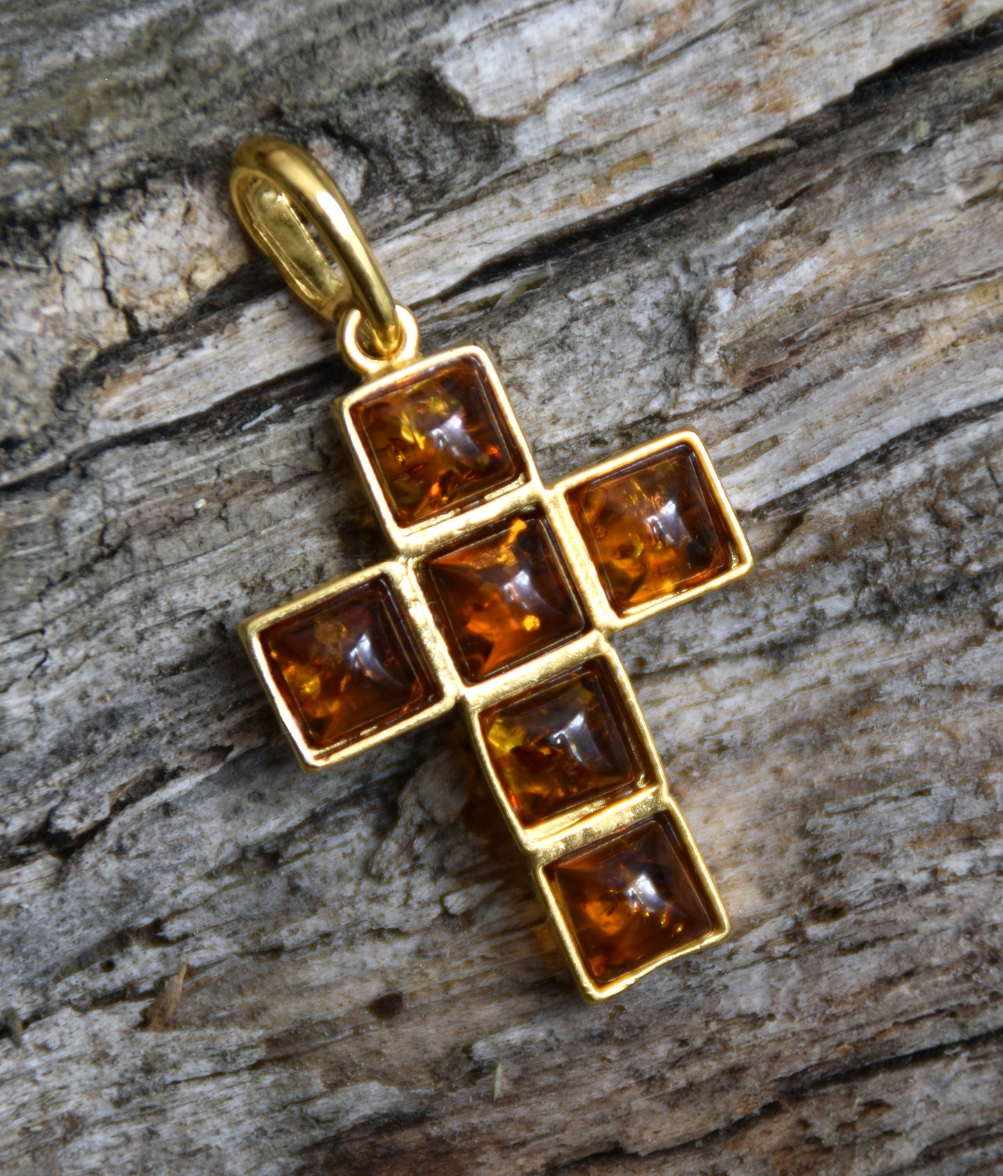 MJ Baltica, Pendant, natural Baltic Amber, Silver, 14k Gold plated, Cross, cognac, BZW002