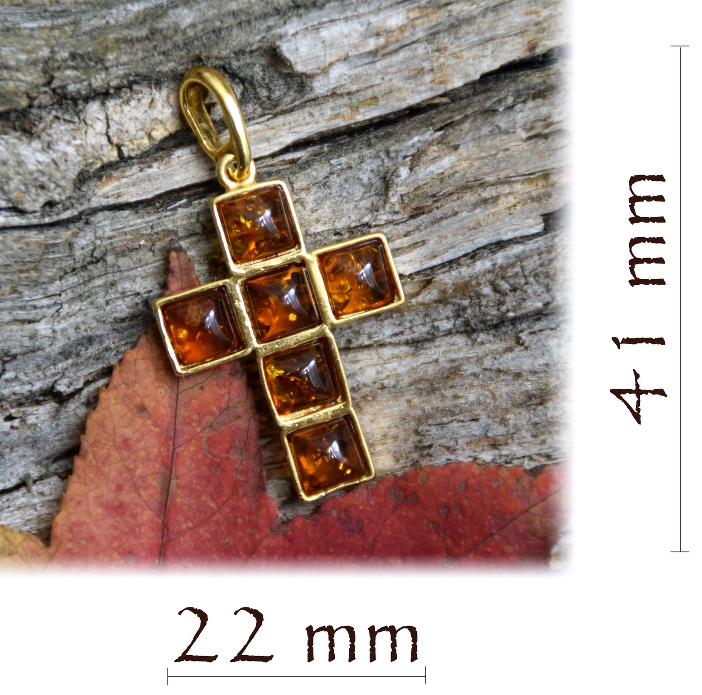 MJ Baltica, Ciondolo, Ambra naturale Baltica, Argento, placcato in Oro 14k, Croce, cognac, BZW002