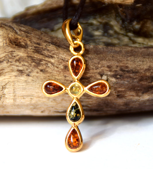 MJ Baltica, pendant, natural Baltic Amber, Silver, 14k Gold plated, cross, cross, multi color, handcrafted, BZW012