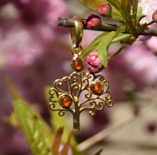 MJ Baltica, ciondolo, Argento, placcato in Oro 18k, Ambra Naturale, Albero della Vita, BZW016
