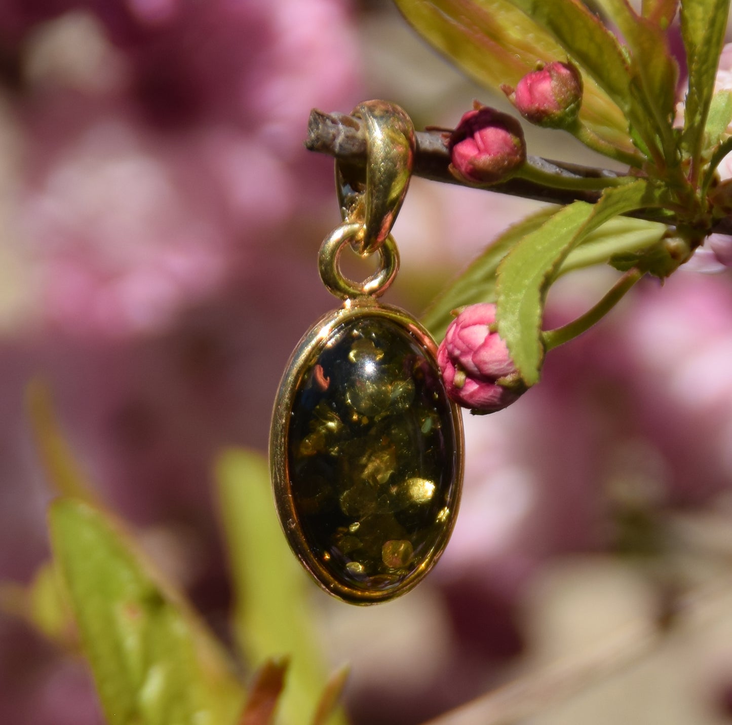 MJ Baltica, Ciondolo di Ambra naturale con Argento, placcato in Oro 18k, ambra verde, ovale, BZW018