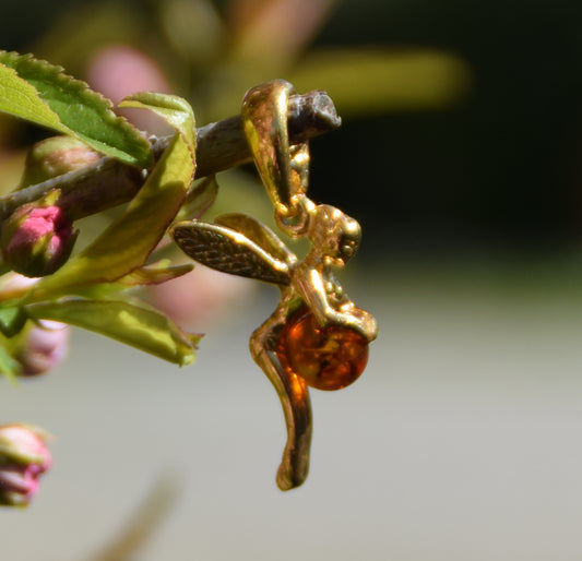 MJ Baltica, ciondolo, Argento 925, placcato in Oro 18k, Ambra Naturale Baltica, artigianale BZW021