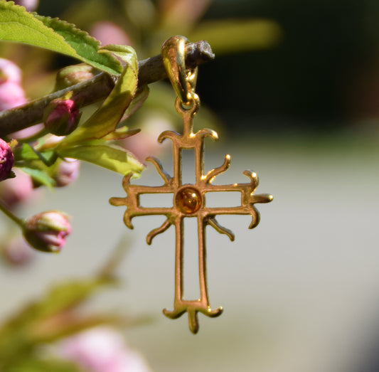 MJ Baltica, ciondolo, Ambra naturale Baltica, Argento 925, placcato Oro 18k, artigianale, unisex, croce, basilica romana, BZW026