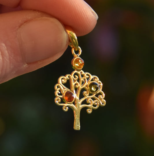 MJ Baltica, ciondolo, Argento, placcato in Oro 18k, Ambra Naturale, Albero della Vita, BZW033