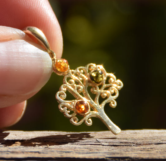 Pendant with Tree of Life in 18k Gold Plated Silver and natural Amber of various shades, MJ Baltica BZW033