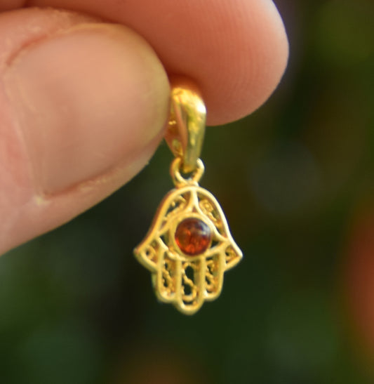 MJ Baltica, ciondolo, Ambra naturale, Argento, placcato oro 18k, mano di Fatima, BZW038