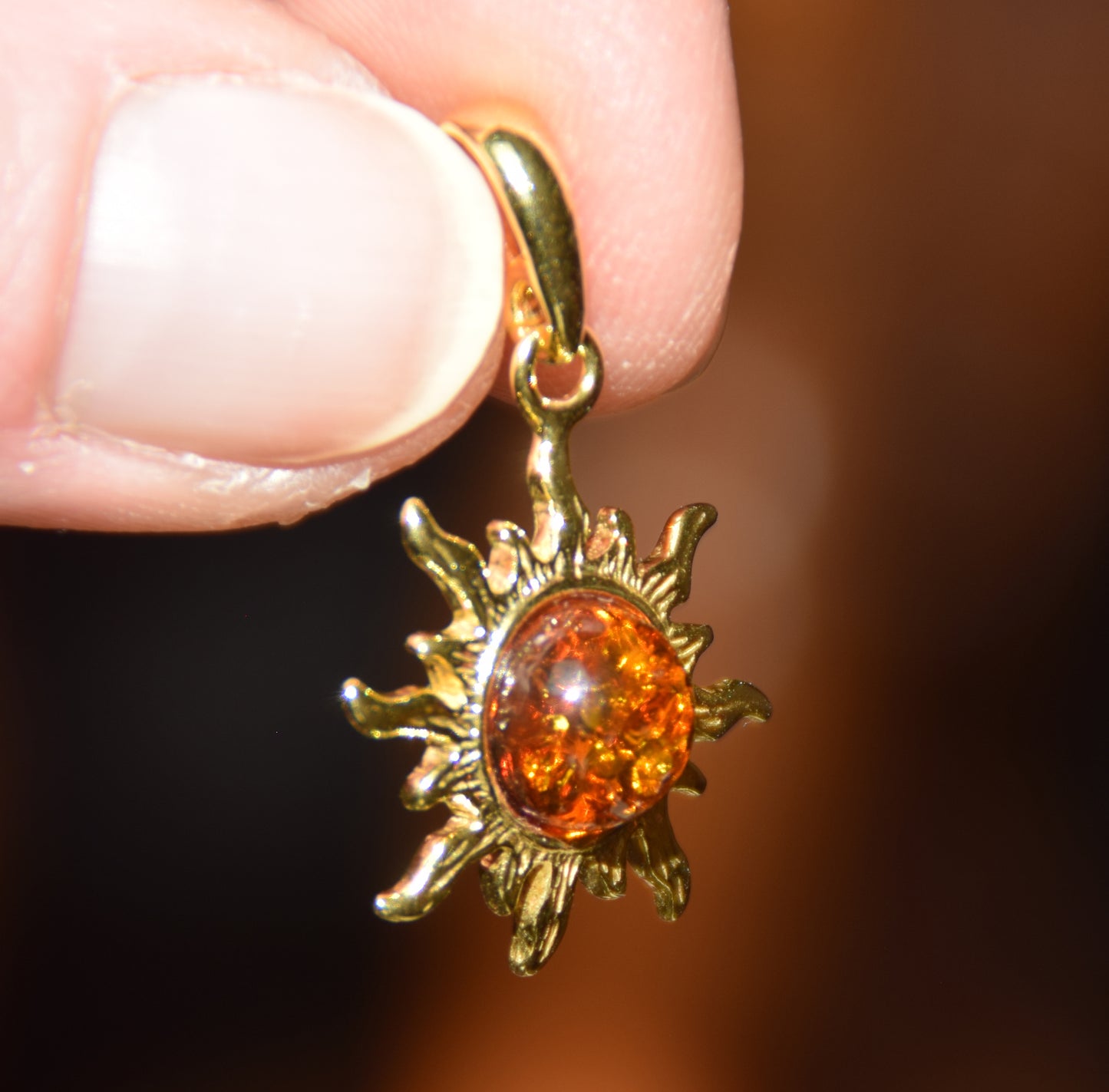 Sun pendant with natural cognac Amber and 18k Gold plated Silver, MJ Baltica, BZW042