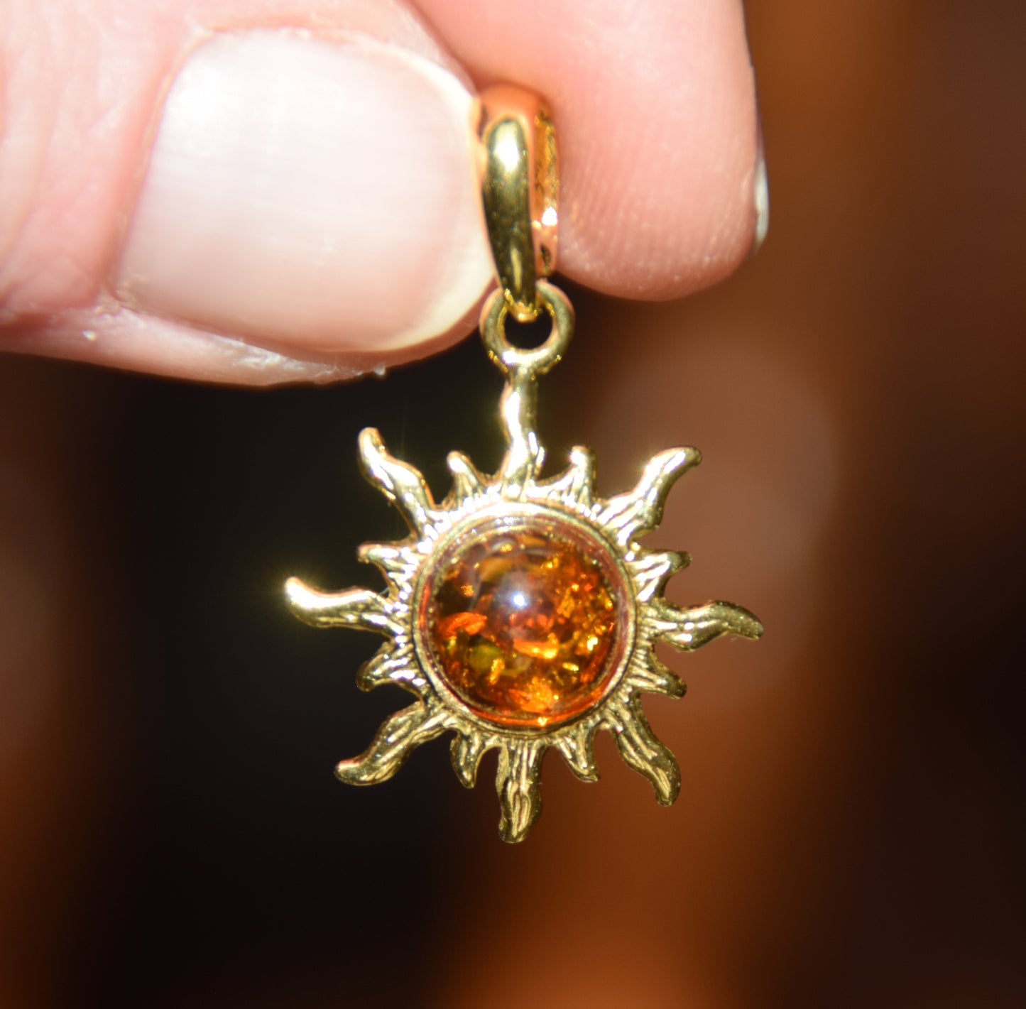 Sun pendant with natural cognac Amber and 18k Gold plated Silver, MJ Baltica, BZW042