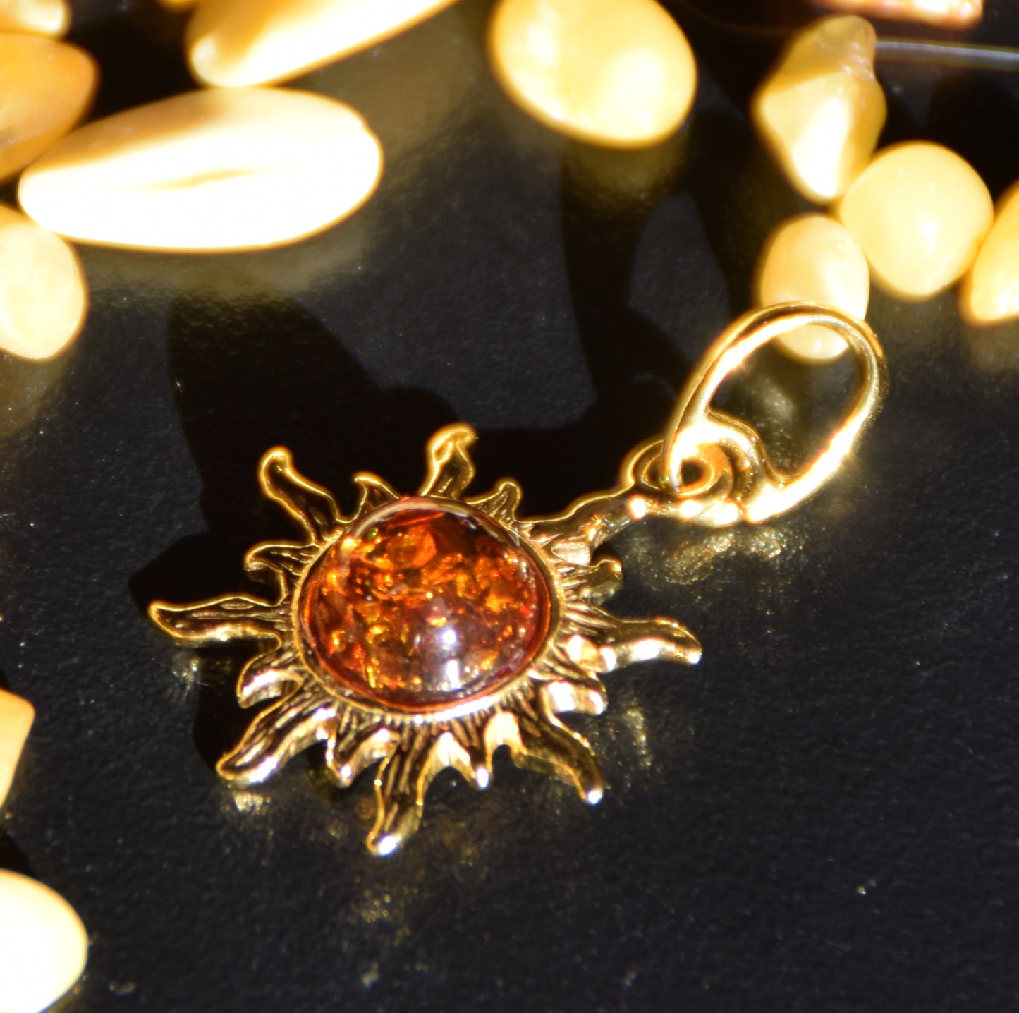 Sun pendant with natural cognac Amber and 18k Gold plated Silver, MJ Baltica, BZW042